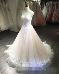 Rosa lindo um blush linha vestidos de renda apliques trem varredura organza frisado lantejoulas casamento vestido de noiva novia pplique