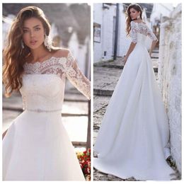 Satin Two Pieces Half Sleeve White Off Shoulder Lace Wedding Dress A-line Sash Garden Bridal Gowns