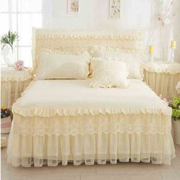 Beige Princess Lace Bedspread Bed Skirt 3pcs set Ruffles bedding Bed sheet Cotton Pillowcase Home Decorative Twin Queen King Size241T