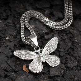 Hip New Fashion Hop Bling Diamond Mens Gold & Silver Butterfly Pendant Chain Necklace Stainless Steel Cuban Rapper Chains Jewellery for Sale