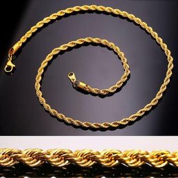 Hip Hop 18K Gold Plated Stainless Steel 3MM Twisted Rope Chain Women's Choker Necklace for Men Hiphop Jewellery Gift in Bulk GB1187