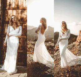 Vintage Country Wedding Dresses V Neck Lace Appliques Sweep Train Sexy Backless Mermaid Wedding Dress Custom Boho Long Sleeve Bridal Gowns