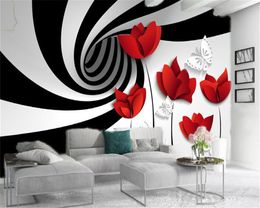 3d Flower Wallpaper Black Lines Expand Space Red Flowers Living Room Bedroom Protection Decoration Mural Wallpaper