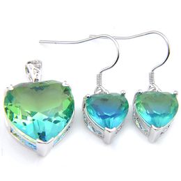 Women 2 Pcs Set Heart Cut Bi Coloured Tourmaline Gems 925 Sterling Silver Plated Crystal Zircon Solid Bride Dangle Earring Pendants Jewellery