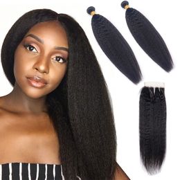 Indian Virgin Hair Kinky Straight Yaki 2 Bundles With 4X4 Lace Closure With Baby Hair Products 8-28inch Natural Colour Human Hair