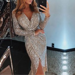 High slit sequined dress women Long sleeve plunge dresses Sexy v neck party dress Autumn asymmetrical bodycon vestidos mujer