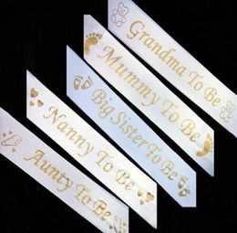 Fashion Mummy to Be Satin Ribbon Sash with Gold Footprint Bear Nanny grandma Aunty Big sister Baby Shower Party Favor Sashes White