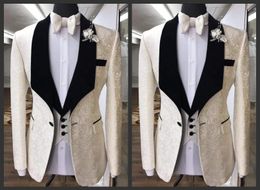 Jacquard Groom Tuxedos Black Shawl Lapel Groomsman Wedding 3 Piece Suit Fashion Men Business Prom Jacket Blazer(Jacket+Pants+Tie+Vest) 2601