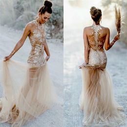 beach champagne wedding dresses highneck sleeveless appliqued lace boho bridal gown illusion sweep train ruched tulle robes de marie