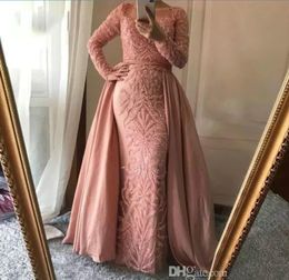 2019 Luxury Evening Dresses With Detachable Overskirts Jewel Neck Lace Beaded Long Sleeve Prom Dress Custom Made Formal Occasion Gowns