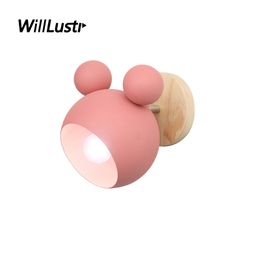 Nordic Iron Mouse Wall Lamp Creative Wood Macaron Color Sconce Hotel Aisle Nursery Kids Bedroom Modern Pink Green Yellow Light