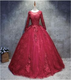 Ball Gown Wine Red Wedding Dresses With Long Sleeves Beaded Lace Jewel Neck Illusion Sleeves Back Gothic Burgundy Bridal Gowns Custom Made