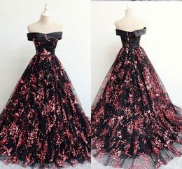 Luxurious Sequins Tulle Black Red Dresses Evening Wear Off The Shoulder Corset Back Ribbon Prom Dress Long Women Special Occasion Plus Size