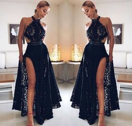 Pretty Black Lace Split Prom Dress 2019 African Black Girls Red Carpet Holidays Graduation Wear Evening Party Gown Custom Made Plus Size