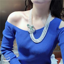 Hand knotted 3strands 7-8mm white freshwater cultured pearl micro inlay zircon accessories swan buckle flowersweater necklace long 48-53cm
