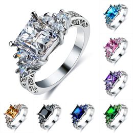 Classic Female Blue Crystal Stone Ring Charm Silver Hollow Rainbow Wedding Rings For Women Vintage Bridal Square Engagement Ring