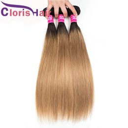 Dark Roots Honey Blonde Human Hair 3 Bundles Silky Straight Brazilian Virgin Ombre Hair Weave Cheap T1B/27 Blond Coloured Extensions