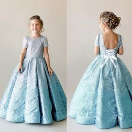 Light Blue Gradient Colour Flower Dresses Sparkly Sequined Ball Gown Floor Length Girls Pageant Gowns Birthday Party Formal Wear