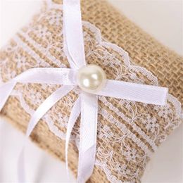 Lace Bow Ring Pillow Vintage Burlap Jute Decoration Ring for Wedding Party Ring Holder Wedding Pillow yq02856