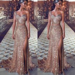 Sparkling Sequined Prom Dresses One Shoulder Sequins Sexy High Side Split Mermaid Evening Dress Sweep Train Back Zipper Cocktail Party Dress