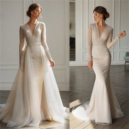 New Arrival Mermaid Wedding Dresses V Neck Sequined Covered Button Bridal Gowns Sweep Train Vestidos De Novia