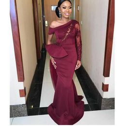 Burgundy One Shoulder Mermaid Bridesmaid Dresses With Lace Beaded Peplum Arabic CheapMaid Of Honour Gowns Aso Ebi Wedding Guest Dress