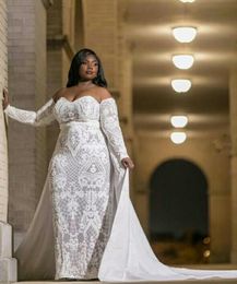 modest plus size mermaid wedding dresses off shoulder south african black girls lace bridal gowns long sleeves wedding dress custom