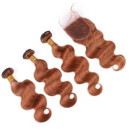 Medium Auburn Peruvian Virgin Hair Bundles with Closure Body Wave #30 Light Brown Human Hair Weave Extensions with Lace Closure 4x4