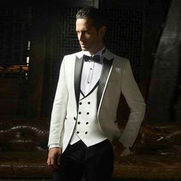 Fashion One Button Ivory Wedding Men Suits Peak Lapel Three Pieces Business Groom Tuxedos (Jacket+Pants+Vest+Tie) W998