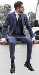 Fashionable Navy Blue Strips Man Work Business Suits Groom Tuxedos Notch Lapel Men Wedding Party 3 pieces Suits (Jacket+Pants+Vest+Tie) K189