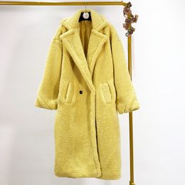 Nova moda feminina engrossando pele sintética de cordeiro gola virada para baixo solto quente midi longo abrigos casaco de pele parka casacos S M L