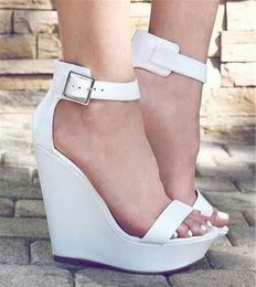Fashion Style Open Western Women Toe High Platform White Blue Height Increased Ankle Strap Wedge Sandals