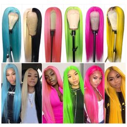 red purple wig NZ - Ishow Brazilian 13*1 T Part Lace Front Wig Straight Yellow Green Remy Human Hair Wigs Pink Red Light Blue Purple Ombre Color Wigs for Women All Ages