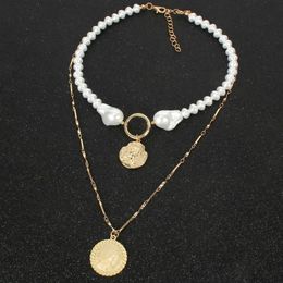 Arcylic Queen Coin Pendant Chain Necklaces Elegant Personalized Vintage Beaded Irregular Pearl Necklaces for Women Party Jewelry295s