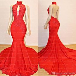 Mermaid New Sexy Red Prom Dresses High Neck Keyhole Lace Appliques Evening Gowns Formal Tail Party Dress Plus Size Vestidos De Nnovia