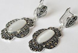 Free Shipping VINTAGE WHITE OPAL 925 SILVER&MARCASITE EARRINGS 11/2" VALENTINE'S GIFT
