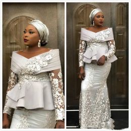 ASO EBI African 2020 New Evening Dresses Elegant Off Shoulder Long Sleeve Lace Appliques Peplum Plus Size Celebrity Party Prom Gowns