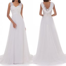 Stunning White Chiffon Wedding Dress Long Train Sheer with Applique Beads Bridal Gowns Fast Shipping Garden Style