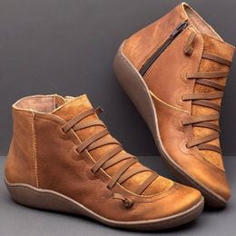 35#Plus size Women's lace ankle booties Leather Lace-up Casual Flat Boots Side Zipper Round Toe Shoes Street Style