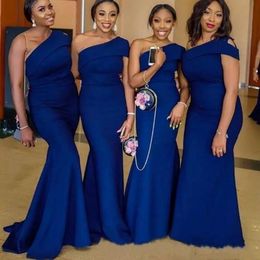 Navy Blue One Shoulder Mermaid Bridesmaid Dresses Plus Size African Country Cheap Wedding Guest Gowns Maid Of Honor Dress