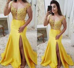 Floral Lace Applique Pearls Yellow Prom Dress Evening Gowns Mermaid Sheer Neckline Cap Sleeve Formal Elegant Evening Dress Side Split