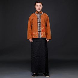 HanFu Tang suit ancient Chinese master men's cotton and linen long gown+jacket high quality stage cotume TV and film stage