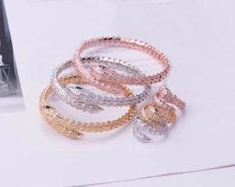 Fashion Brand Jewellery Sets Lady Brass Full Diamond Green Eyes Serpent Snake Scales 18K Gold Engagement Open Bracelets Rings Sets (1Sets)