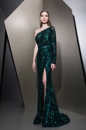 Dark Green Mermaid Ziad Nakad Lace Evening Dresses One Shoulder Long Sleeves Side Split Prom Gowns Floor Length Sequined Formal Dress
