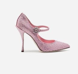 Pink Studded Crystal High Heels Wedding Shoes Sexy Pointed Toe Women Pumps Ankle Strap Stiletto Heels Women Shoes