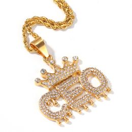 Fashion Men Women Hip Hop Necklace 316L Stainless Steel Yellow Gold Plated Full Rhinestone Crown CEO Pendant Necklace Nice Gift