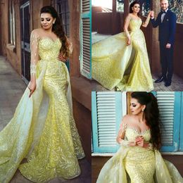 Yellow Mermaid Prom Dresses With Detachable Train Jewel Neck Lace Beads Long Sleeve Evening Dress Ruffles Formal Party Gowns Robes De Soirée