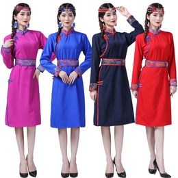 Mongolian clothing women cotton linen dress festival stage wear performance costume ethnic dance robe stand collar elegant asia apparel