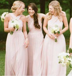 Setwell A-line Bridesmaid Dresses Criss Cross Straps Floor Length Pleated Simple Long Chiffon Maid Of Honour Gowns