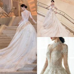 Modest YL Ball Gown High Neck Long Sleeve Wedding Dresses Lace Applique Crystal Sequins Beaded Wedding Gowns Sweep Train Bridal Gowns